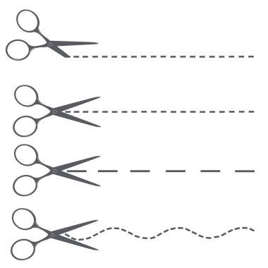  Scissors cut a sheet of paper along dotted lines of different shapes: straight, wavy. Cut out the liner, krupon along the cutting line. Sharp scissors, stationery for school.Vector image. clipart