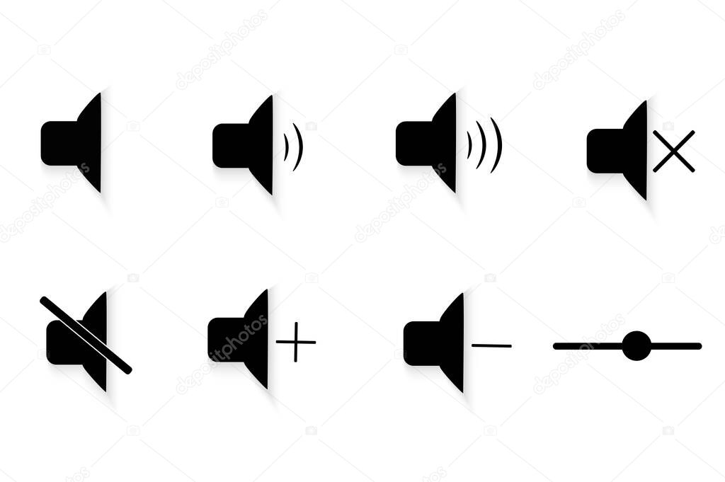 Collection of signs of a sound signal. Volume addition signs on a mobile device. Crossed out icon, prohibition to use the phone with the sound on. Turn off the sound, go into silent mode. Vector image