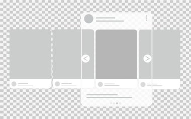 Sosyal medya paylaşım şablonu. Mobil uygulamanın ekranında, kişisel fotoğrafların yerleştirilmesi ve yayınlanması, sosyal ağlarda sayfaları çevirme ve görme yeteneği. Vektör illüstrasyonu.