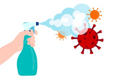 Adamın eli antiseprik püskürtür. Plastik şişede antibakteriyel sprey. Sıvı yüzeyi dezenfekte eder, virüsleri ve mikropları öldürür. Sağlık hizmeti. Vektör resmi.