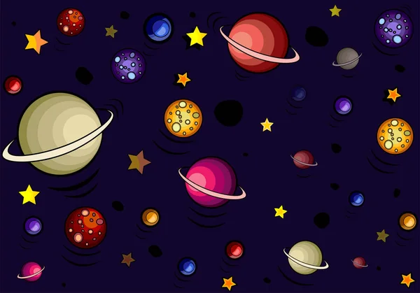 Patern, space theme. Drawings of galaxies in cartoon style. Set of space illustrations: airplanes, stars, rocket. Vector