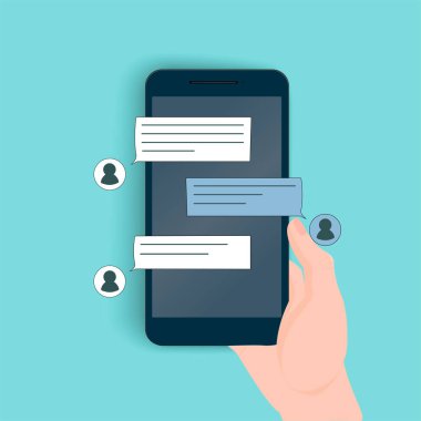 Cep telefonunda SMS sohbeti, mesajlaşma, iki kişi arasında yazışma, kullanıcı e-postası. Bir e-posta geldiğini bildirin. Vektör resmi