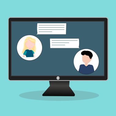 Monitör ekranında SMS sohbeti, mesajlaşma, iki kişi arasındaki yazışmalar, kullanıcı e-postası. Kullanıcı fotoğraflı simgeler. E- posta bildirimi. Vektör resmi