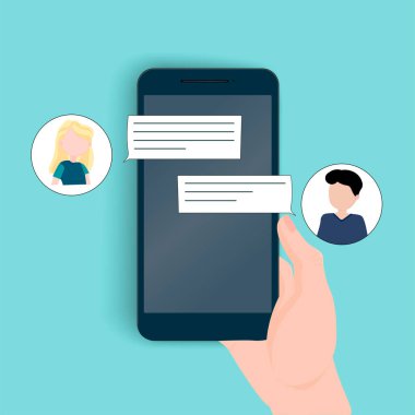 Cep telefonunda SMS sohbeti, mesajlaşma, iki kişi arasında yazışma, kullanıcı e-postası. Kullanıcı fotoğraflı simgeler. E- posta bildirimi. Vektör resmi