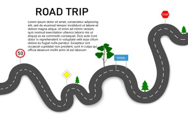 Yolculuk. İki yön gösterici ile dolambaçlı bir yol boyunca sür. Durağın başlangıç ve bitiş noktası. Navigasyon haritasındaki arabanın rotası. Yol işaretleri ve ağaçlarla dolu otoyol.