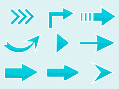 Gölge, imleç şekilli ok sembollerinin toplanması, web sitesi arayüzü için yön göstericiler. Fare tıkırtısı. Renkli elementler. Vektör illüstrasyonu