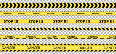 Yasak kurdele seti. Çizgiler sarı ve siyah. Dur, uyarı, giriş yasak. Tehlikeli bir bölge. Şeffaf bir arkaplanda izole edilmiş. Vektör resmi.