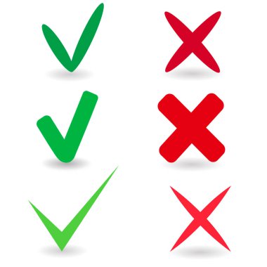 Yeşil işaret seti, kırmızı haç simgeleri. Onaylama ve reddetme sembolleri. Yap ya da yapma. Vektör resmi