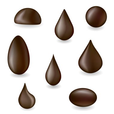 Erimiş sıcak çikolata. Sıvı damlaları, çeşitli şekillerde sıçramalar. Vektör resmi.