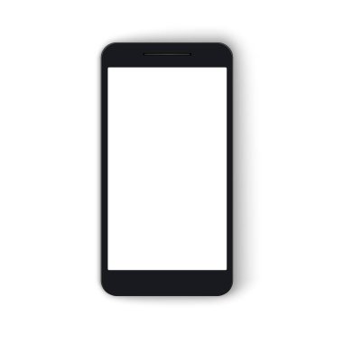 Beyaz arka planda boş ekranı olan gerçekçi bir telefon modeli. Modern bir iletişim cihazının modeli. Web arayüzü tasarımı için şablon. Vektör illüstrasyonu