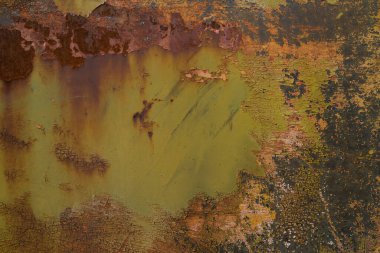 Grunge paslanmış metal dokusu, pas ve oksitlenmiş metal, yeşil ve turuncu boyalı çelik çizikler ve çatlaklar, soyut, aşınmış demir duvar kağıdı, Çernobil 'de radyoaktif atık