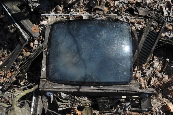 Old broken tv in ghost town Pripyat, Chernobyl zone, abandoned things