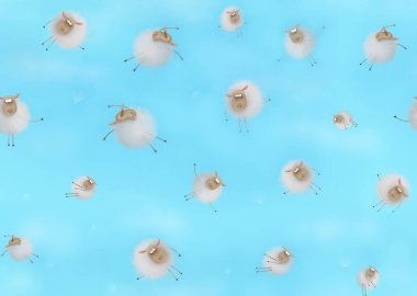 Mavi gökyüzünde karahindiba saçlı ve bulutlu komik uçan tüylü koyunların kusursuz dokusu.