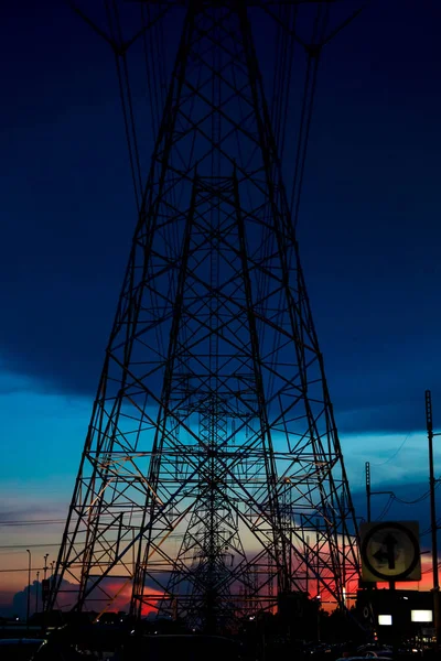 Elektrické Energie Koncept Věž Vysokého Napětí Elektrický Pól Večerní Obloze — Stock fotografie