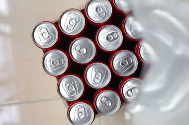 close Up of a group of aluminium cans.Cover aluminum cans. Aluminum cans. Top view. Aluminum cans.