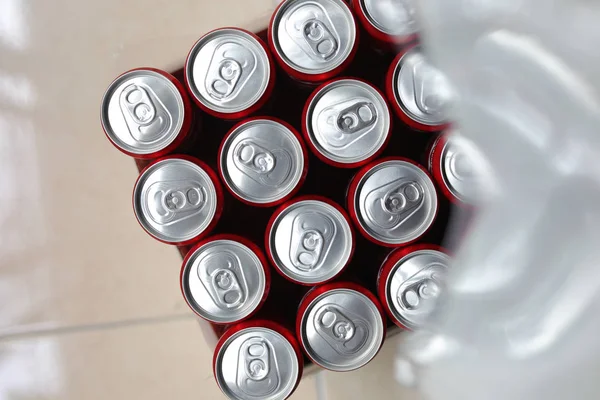 close Up of a group of aluminium cans.Cover aluminum cans. Aluminum cans. Top view. Aluminum cans.