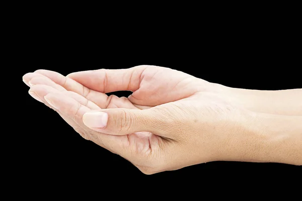 Woman Hands Open Palms White Table — Stock Photo, Image