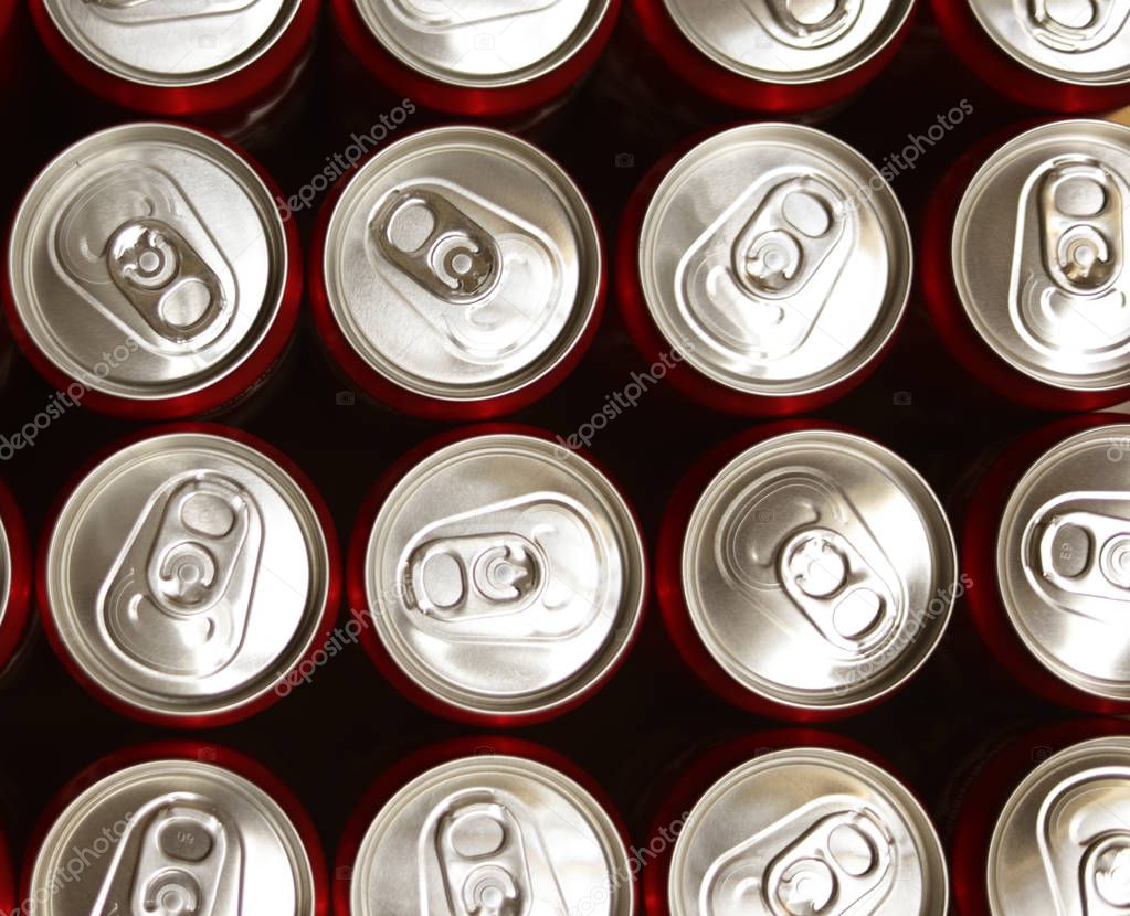 close Up of a group of aluminium cans.Cover aluminum cans. Aluminum cans. Top view. Aluminum cans.