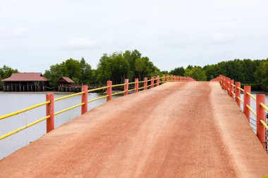 Eski kırmızımsı kahverengi beton köprü karşıya bataklık alanda Chanthaburi Eyaleti, Tayland