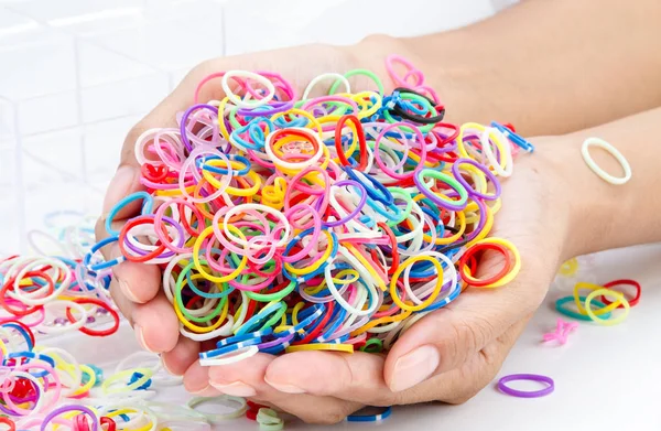 Hands Pile Small Colorful Rubber Bands Rainbow Color Making Rainbow — Stock Photo, Image