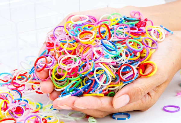 Hands Pile Small Colorful Rubber Bands Rainbow Color Making Rainbow — Stock Photo, Image