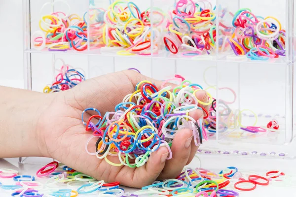 Hands Pile Small Colorful Rubber Bands Rainbow Color Making Rainbow — Stock Photo, Image