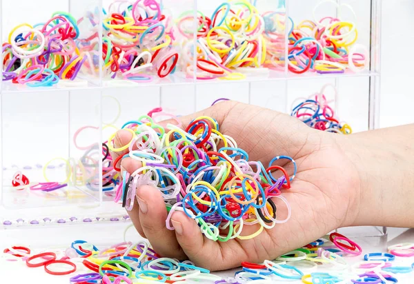 Hands Pile Small Colorful Rubber Bands Rainbow Color Making Rainbow — Stock Photo, Image