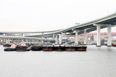 Çekmek için Tempozan Harbor Japonya bekleyen bağlantı noktasında mal taşıyan gemiler