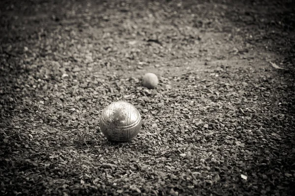Closeup Bocce Balls Metallic Petanque Balls Fine Stone Field — Stock Photo, Image