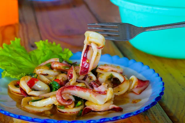 Tintahal Bazsalikom Thai Étel Fűszeres Keverjük Sült Tintahal Bazsalikom — Stock Fotó