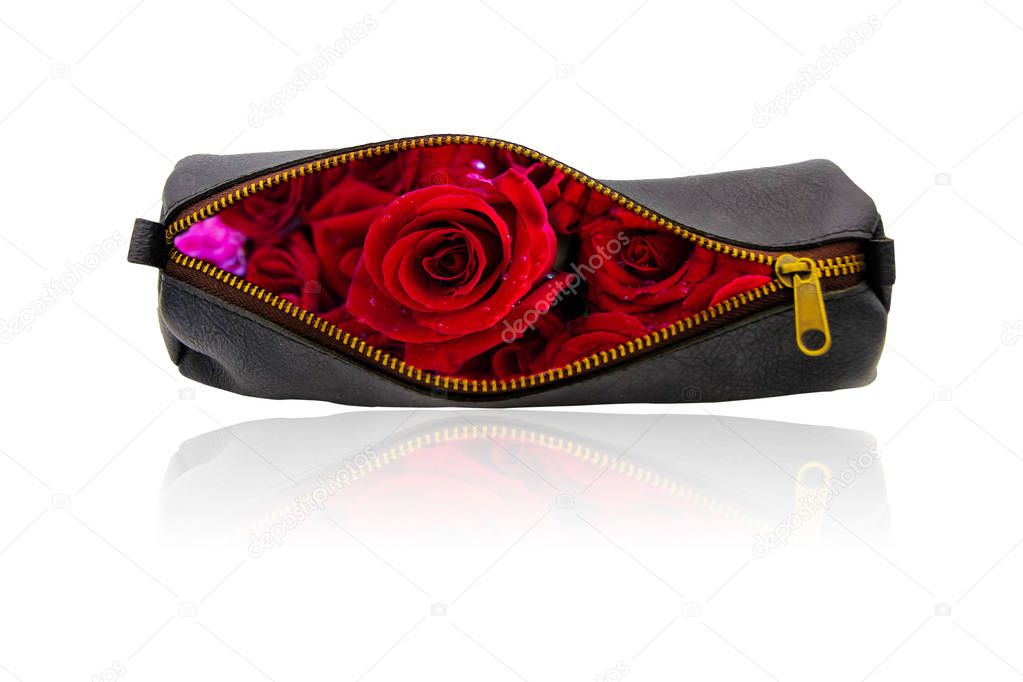 Love concept. Leather fashion bag with red rose inside isolated on white background.