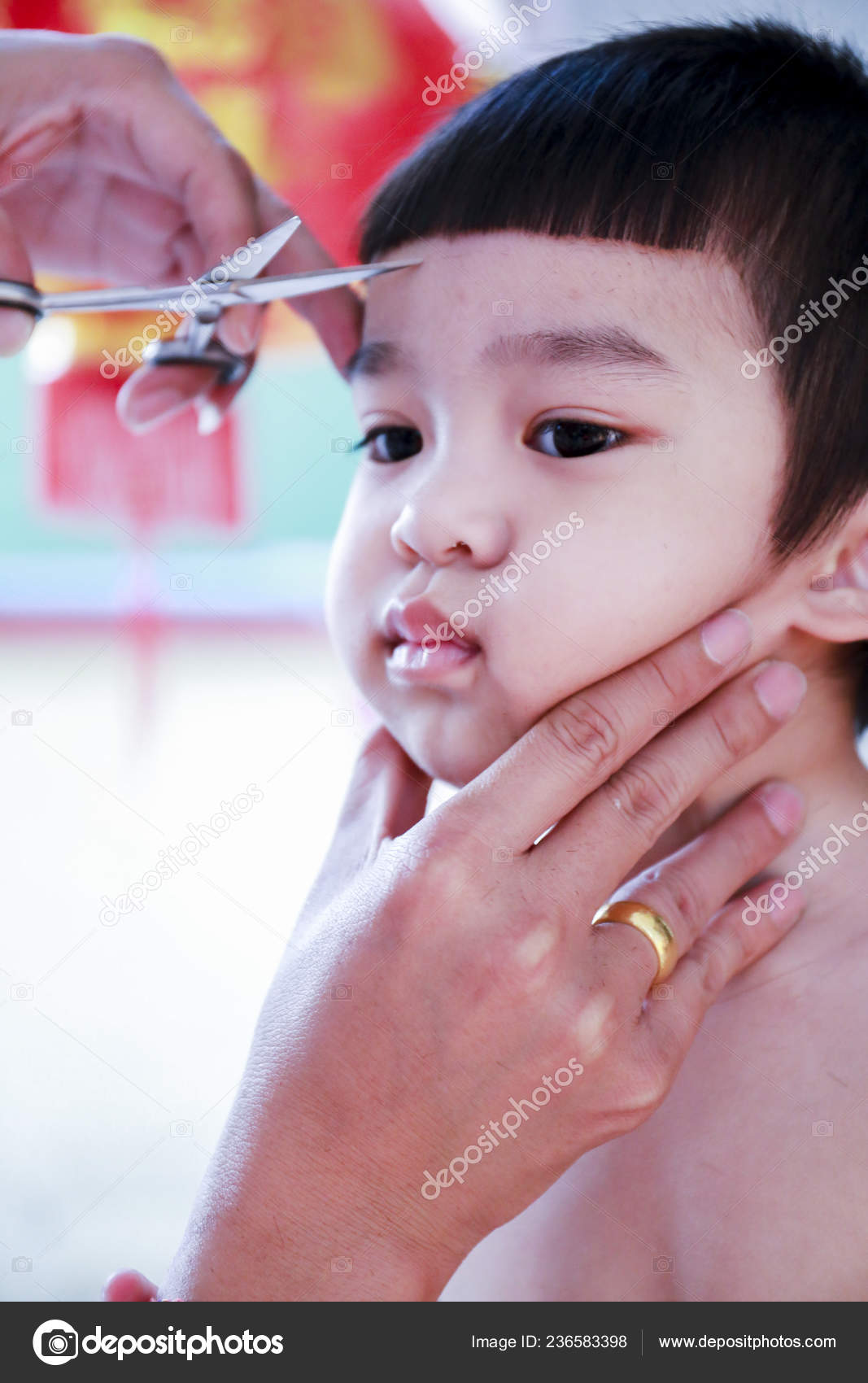 Change Face Little Asian Boy Getting Haircut Hairdresser Stock