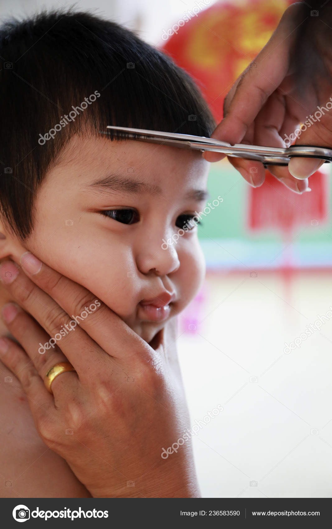 Change Face Little Asian Boy Getting Haircut Hairdresser Stock