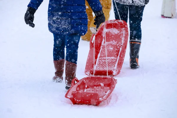 Červené sáně pro hraní na sněhu, Gala Yuzawa.Japan — Stock fotografie