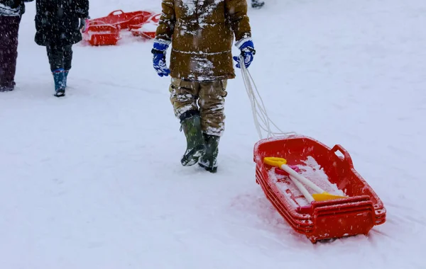 Trineo rojo para jugar en la nieve, Gala Yuzawa.Japan —  Fotos de Stock