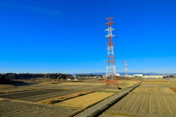 Tarım Boyunca Yüksek Gerilim Güç Kaynağı Kulesi Çapraz Japonya — Stok fotoğraf