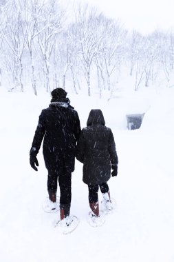 kar üzerinde el ele yürüyen çift sevgilisi, Gala Yuzawa/ Japonya