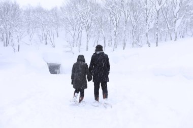 kar üzerinde el ele yürüyen çift sevgilisi, Gala Yuzawa/ Japonya