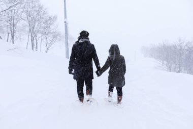 kar üzerinde el ele yürüyen çift sevgilisi, Gala Yuzawa/ Japonya