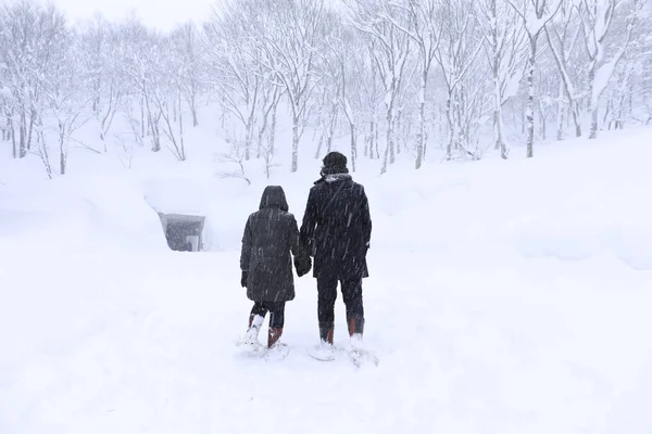 kar üzerinde el ele yürüyen çift sevgilisi, Gala Yuzawa/ Japonya