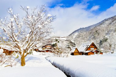 shirakawago kar düşen gün : köy Ono District, Gifu Prefecture, Japonya bulunan.