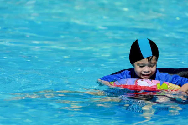 Asian Boy Wearing Blue Rubber Swimming Cap Pool — Stock Photo, Image