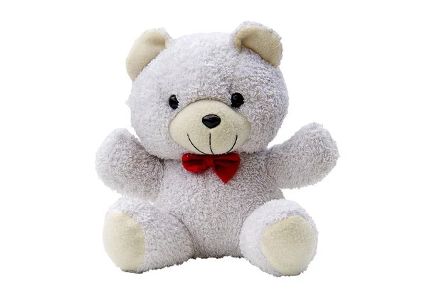 Teddybär mit roter Schleife isoliert auf weißem Hintergrund — Stockfoto
