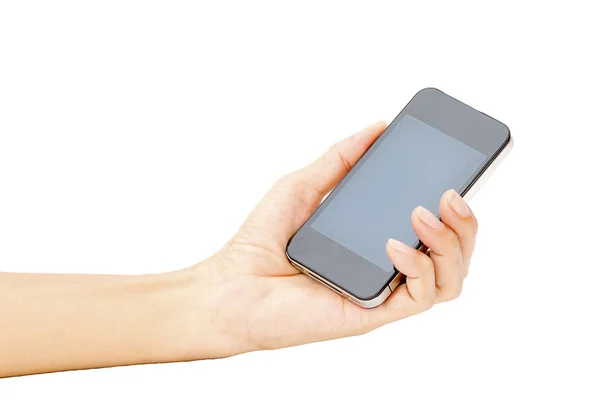 Рука тримає смартфон на білому тлі — стокове фото