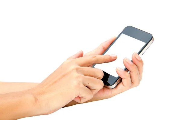 Woman hand hold and touch screen smart phone, tablet,cellphone o — Stock Photo, Image