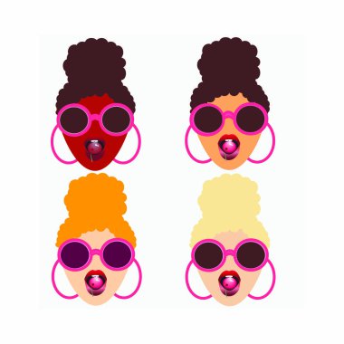 Ağızlarında kiraz olan farklı kızların vektör çizimi