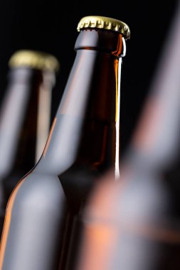 Üç şişe soğuk biranın ayrıntıları bir bar tezgahında