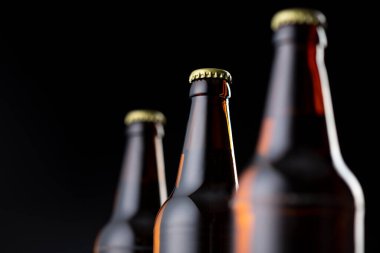 Üç şişe soğuk biranın ayrıntıları bir bar tezgahında