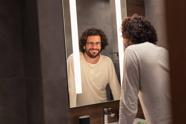 Handsome Young Man Wearing Pajamas Standing Front Mirror Bathroom Getting — Stock Photo, Image