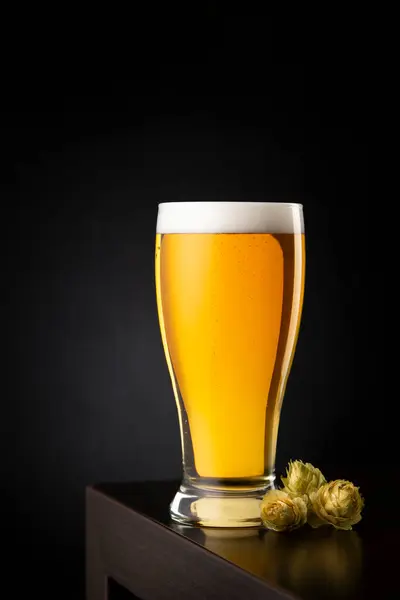 Cerveja Leve Fria Copo Cerveja Algum Salto Colocado Balcão Bar — Fotografia de Stock